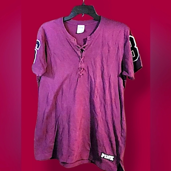 VICTORIA'S SECRET PINK Logo T-Shirt w/ LACE-UP NECKLINE - Picture 1 of 4